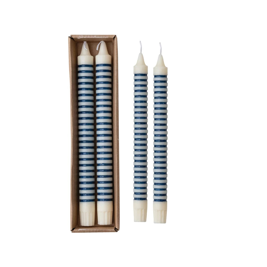 Unscented Striped Taper Candles in Box, Blue, Set of 2